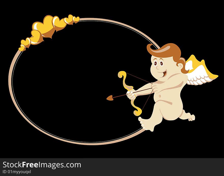 Vector illustration of beautifull frame decorated with angel on the black background. Cupid with arch and arrow.