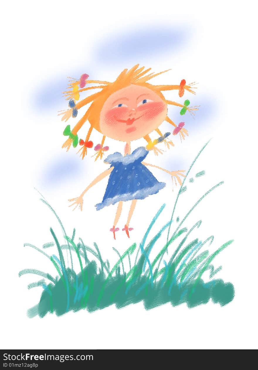 The girl with bows on a grass