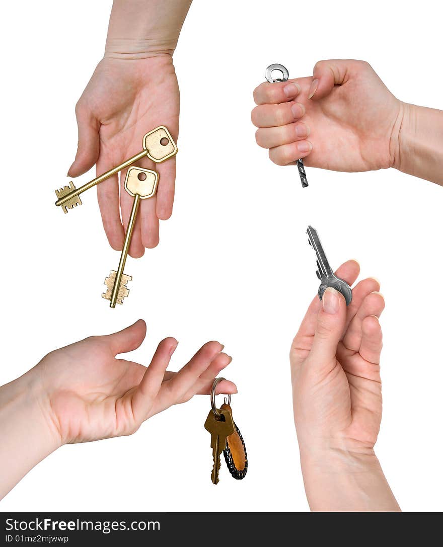 Five different keys in woman hands isolated on white background (set). Five different keys in woman hands isolated on white background (set)