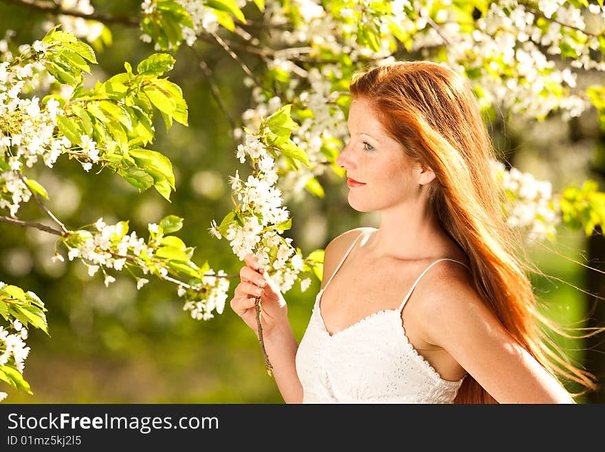 Young woman under blossom tree in spring on a sunny day. Young woman under blossom tree in spring on a sunny day