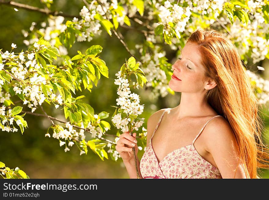 Woman under blossom tree in spring on a sunny day