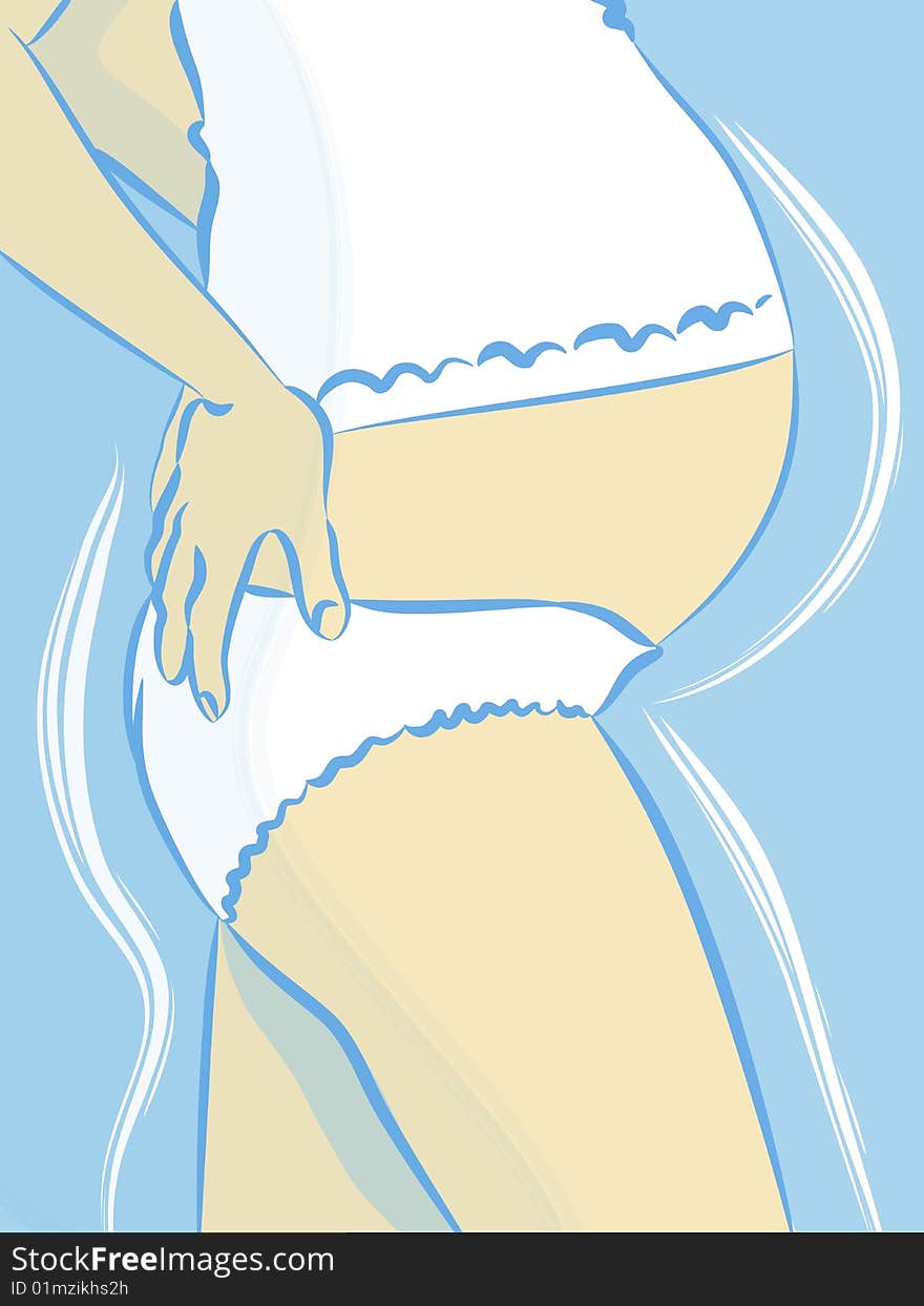 Pregnant woman holding her belly on blue background