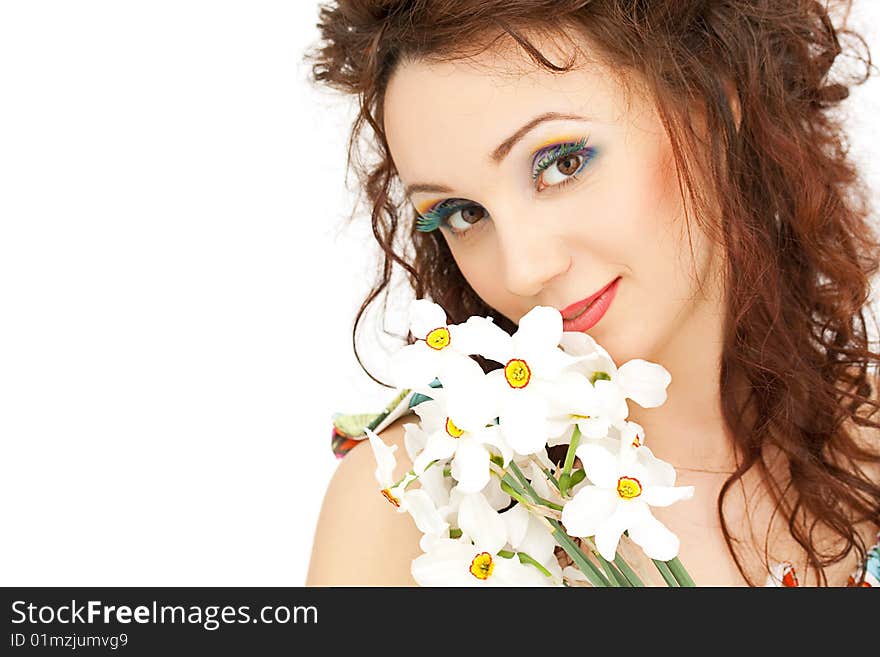 woman holding white spring flowers. woman holding white spring flowers