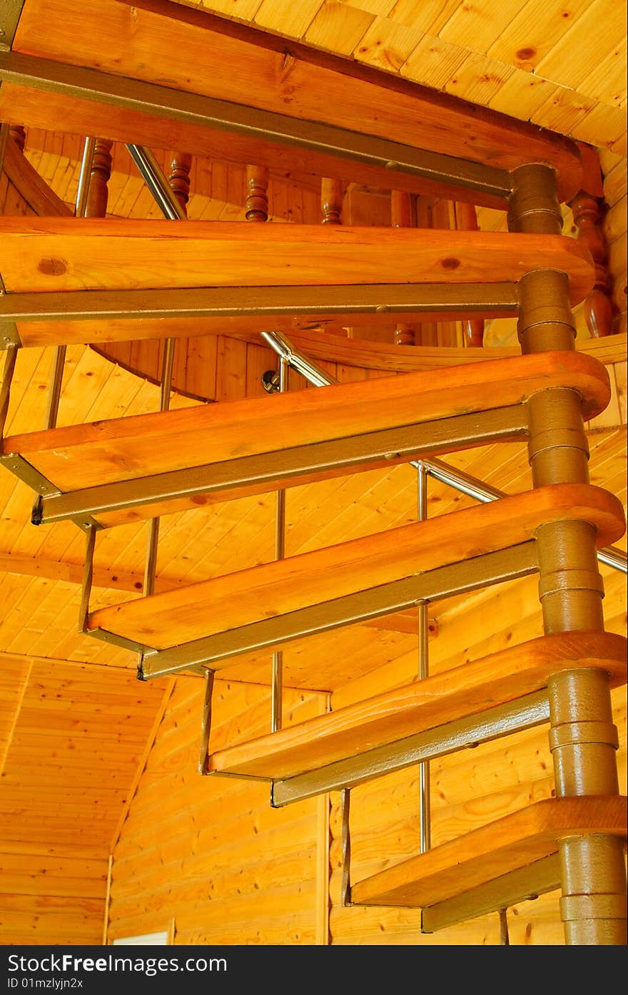 Spiral Staircase In  The Modern  Wooden House.