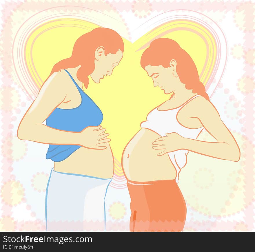 Two expectant mothers holding their belly ，background is a heart-shaped