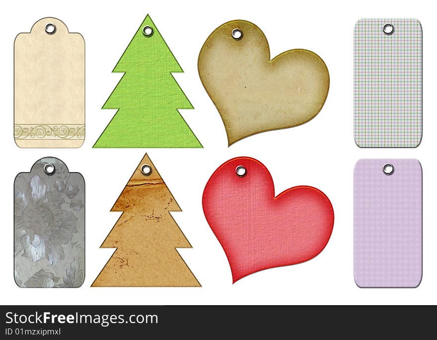 Gift tags of different forms. Isolated on a white background.