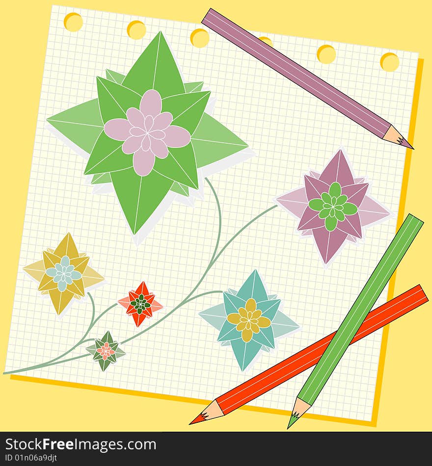 Multicolored flowers in pencil on the note-paper