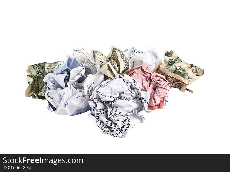 Crumpled bills and dollar bills, isolated on white background. Crumpled bills and dollar bills, isolated on white background.