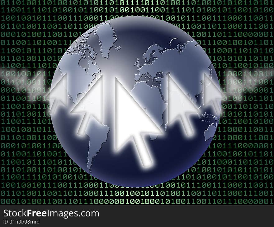 Illustration concept of the Internet. planet earth, the mouse pointer and binary code. Illustration concept of the Internet. planet earth, the mouse pointer and binary code