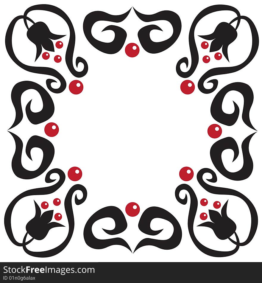 Black-red frame with curlicue, campanula and berry. Black-red frame with curlicue, campanula and berry