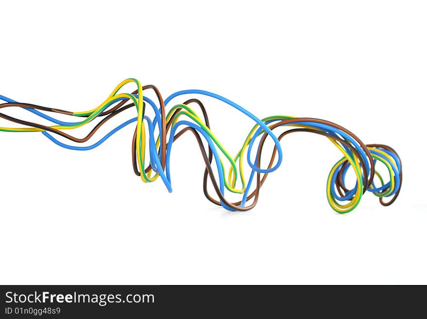 Wiring of different colors with bare ends on white