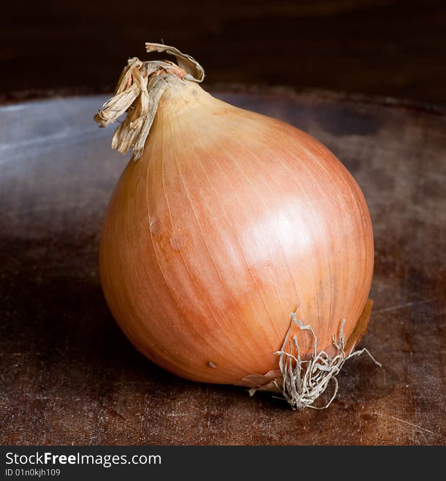 One big fresh onion on wooden background