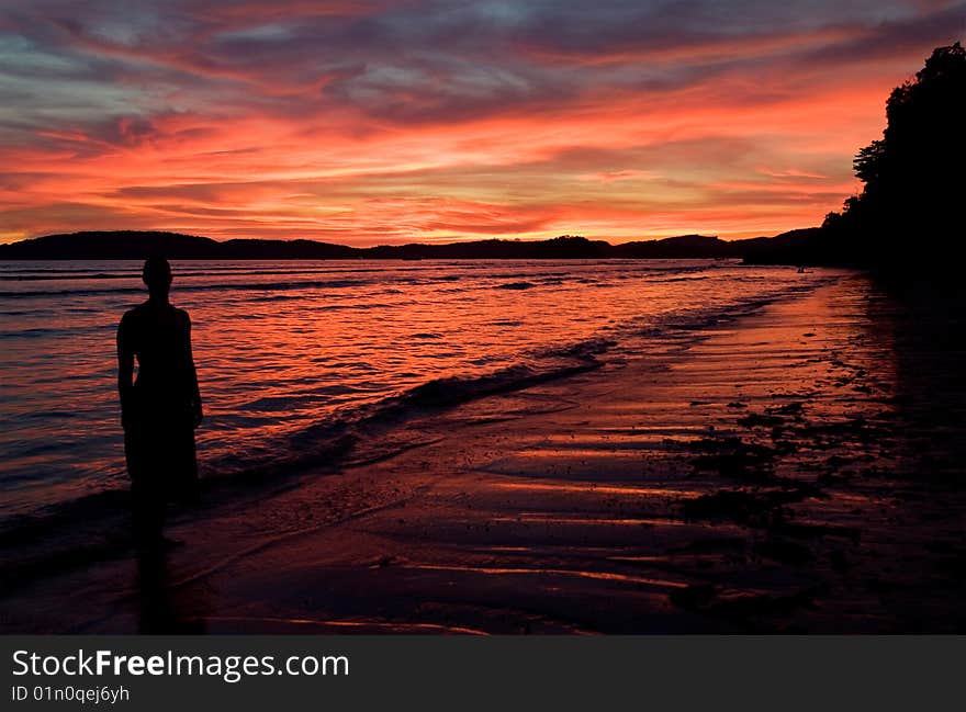 Deep red sunset at the beach