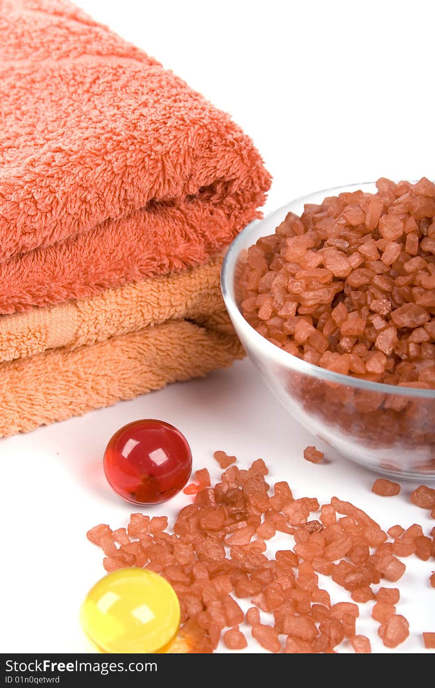 Spa products: bath salt, oil balls, towels