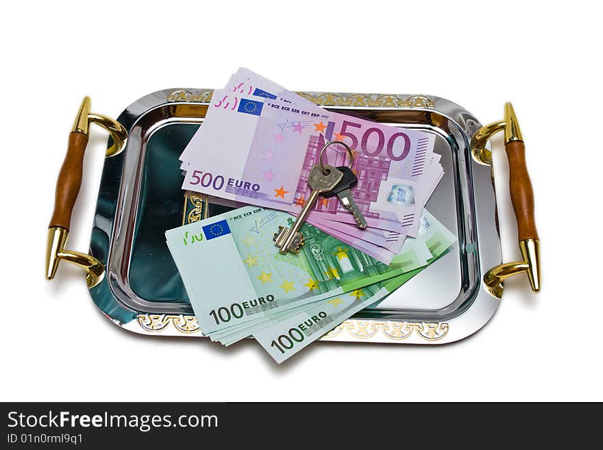 Euro Bank Notes On A Metal Tray