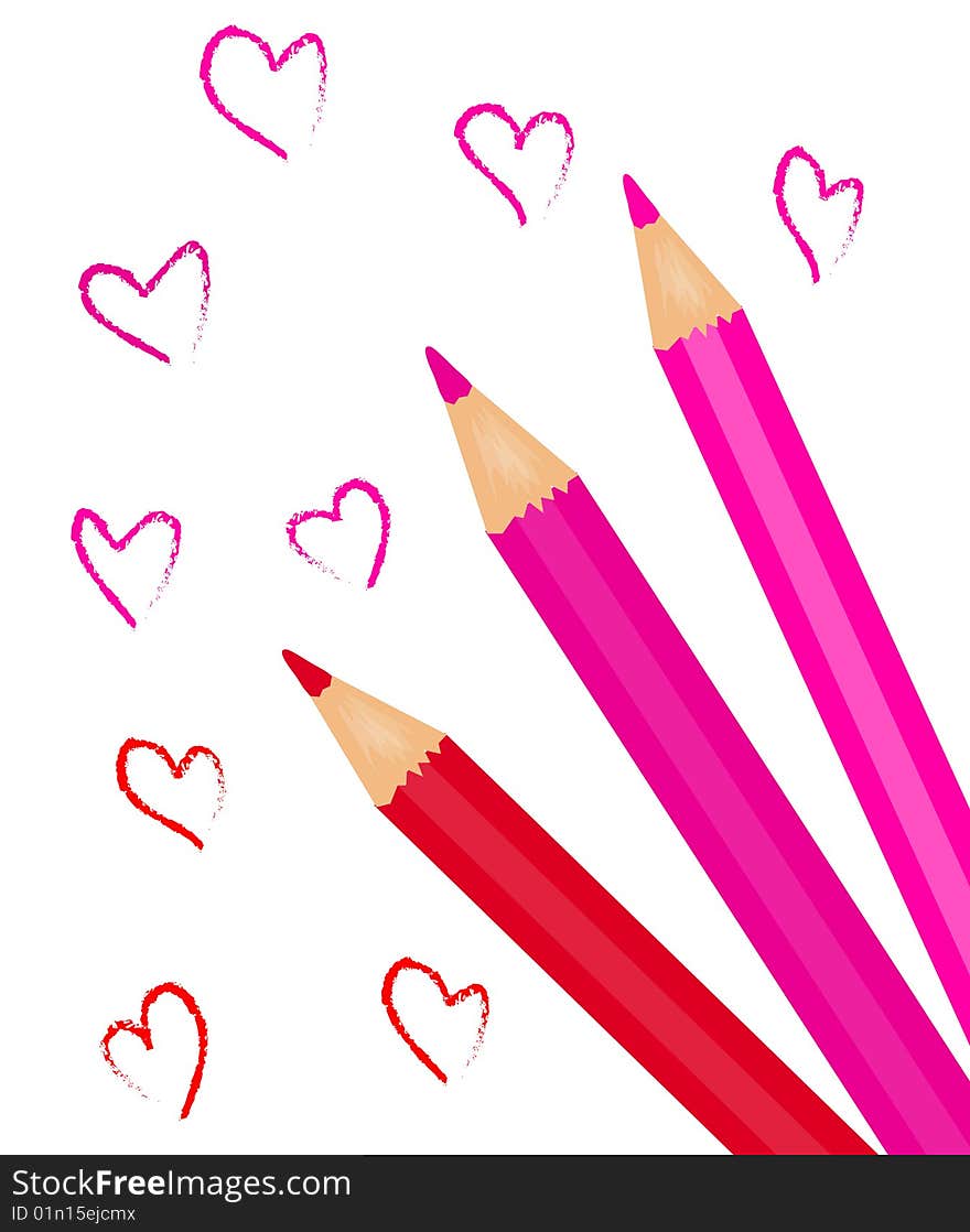 Coloured pencils with pink hearts