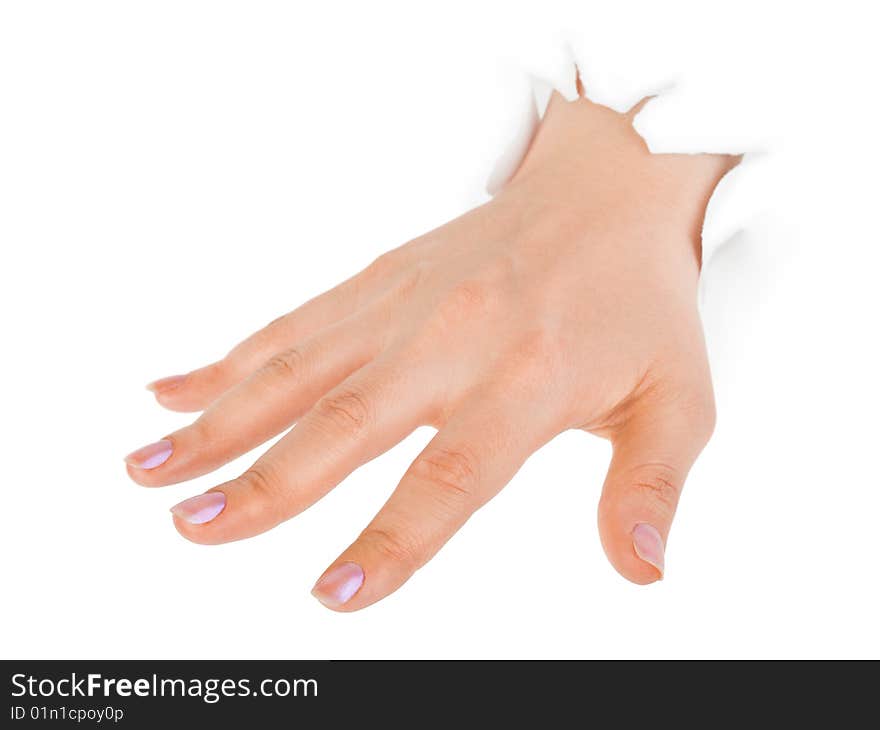 Hand punching through paper isolated on white background. Hand punching through paper isolated on white background