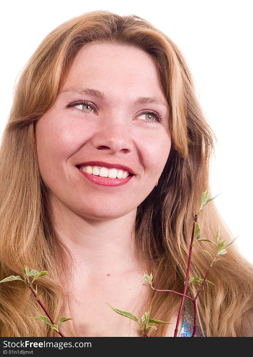 Beauty woman with green branch. Beauty woman with green branch