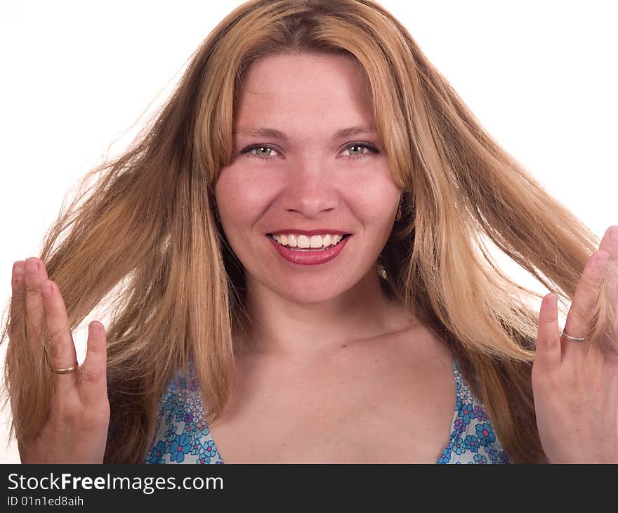 Blond woman keeps in hand hairs. Blond woman keeps in hand hairs