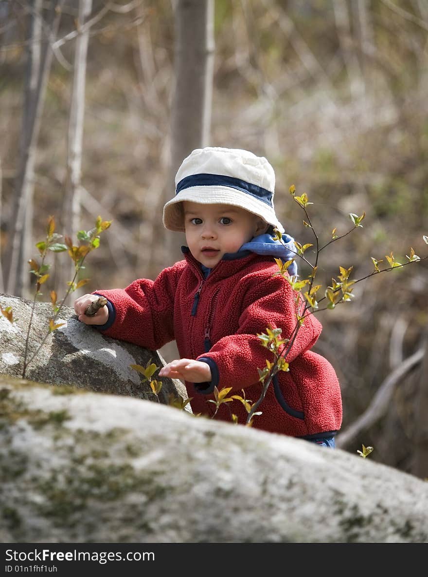 Young boy pround to reach the top in nature. Young boy pround to reach the top in nature