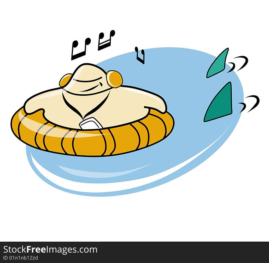 Illustration drawing of a man swimming and listen to music