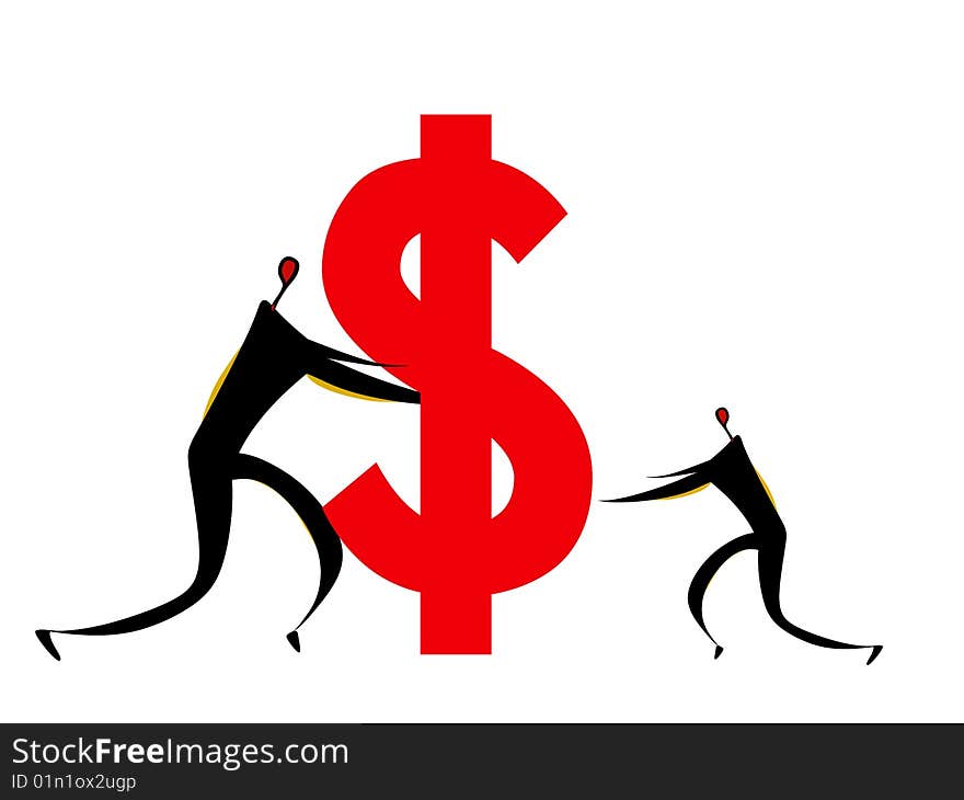 Illustration drawing oftwo humans pushing red dollar Sign. Illustration drawing oftwo humans pushing red dollar Sign