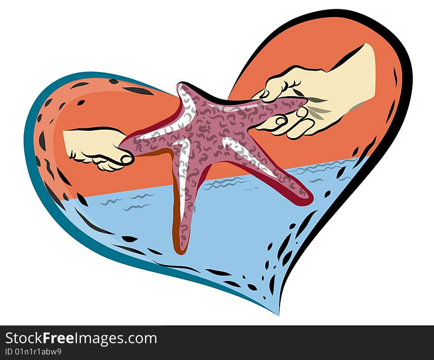 Illustration drawing of  hand holing sea star
in heart-shaped