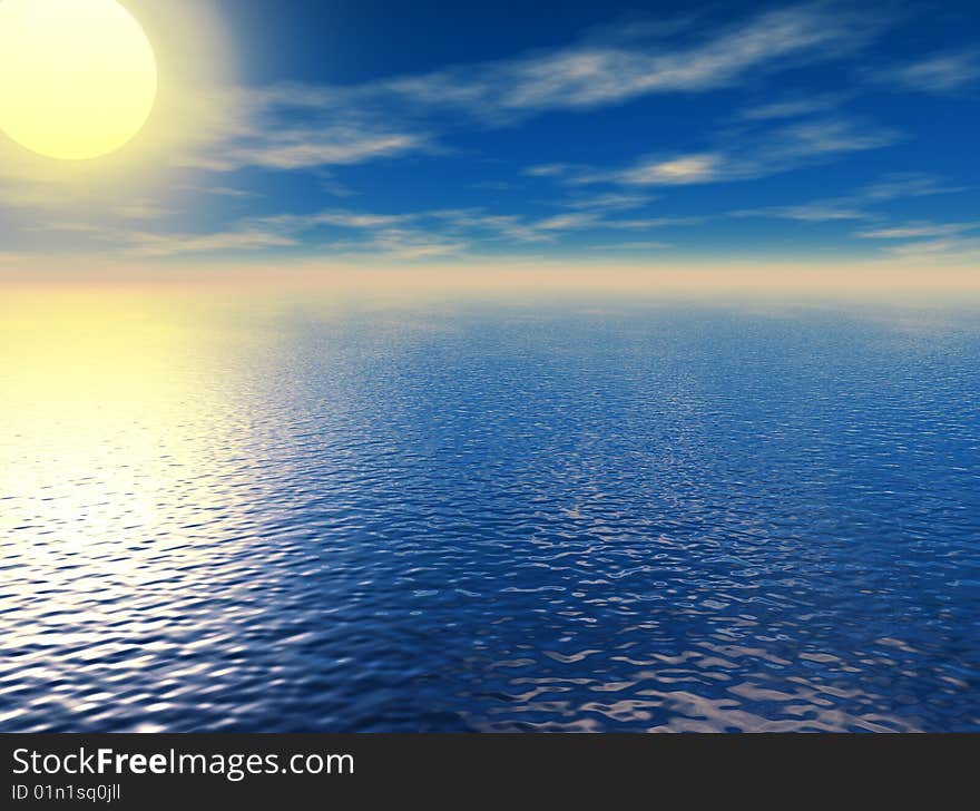 Yellow 3d sunset over ocean