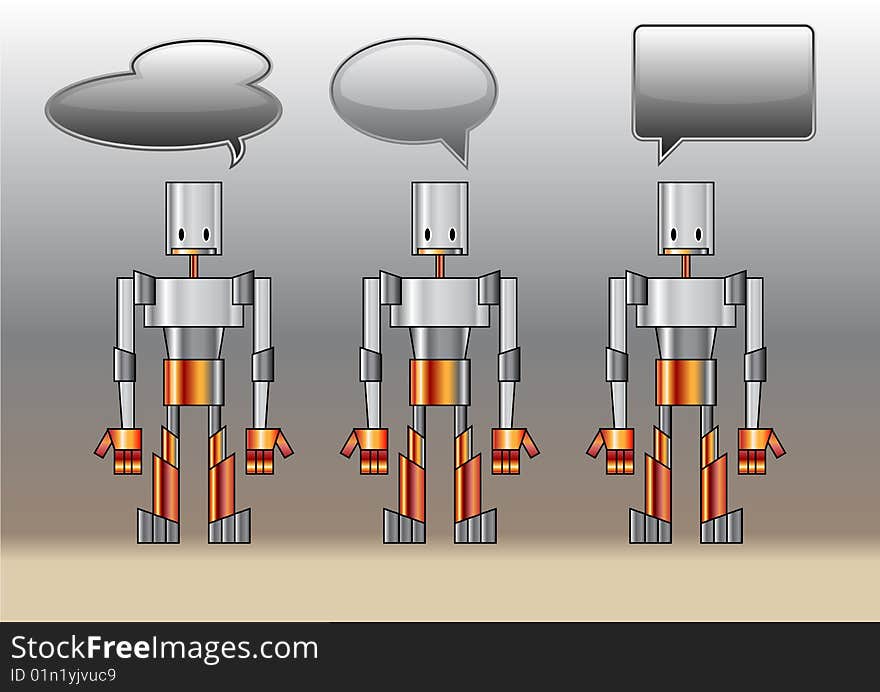 Vector Illustration of funny robots decorated with comics bubbles