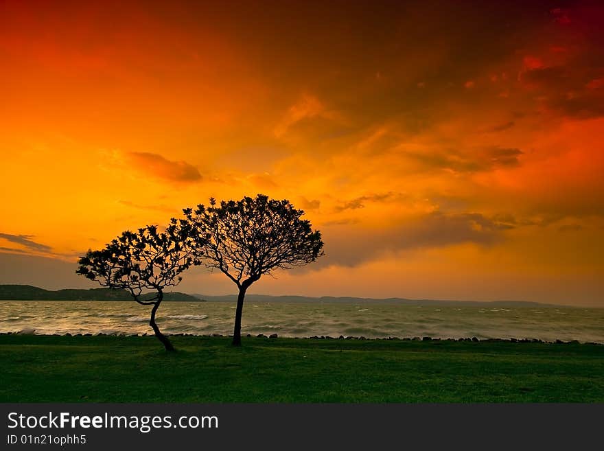 This is a picture of the rising sun at the Balaton Lake in Hungary. This is a picture of the rising sun at the Balaton Lake in Hungary.