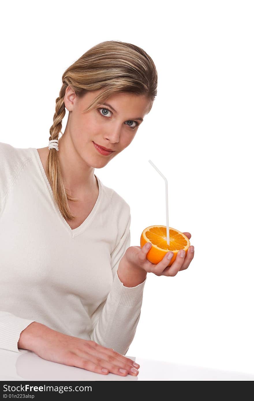 Woman holding orange on white background. Woman holding orange on white background