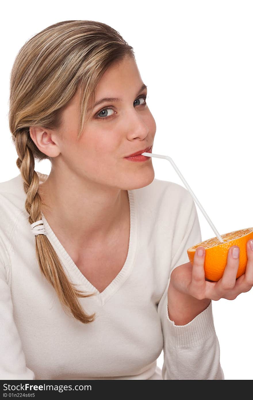 Woman holding orange on white background. Woman holding orange on white background