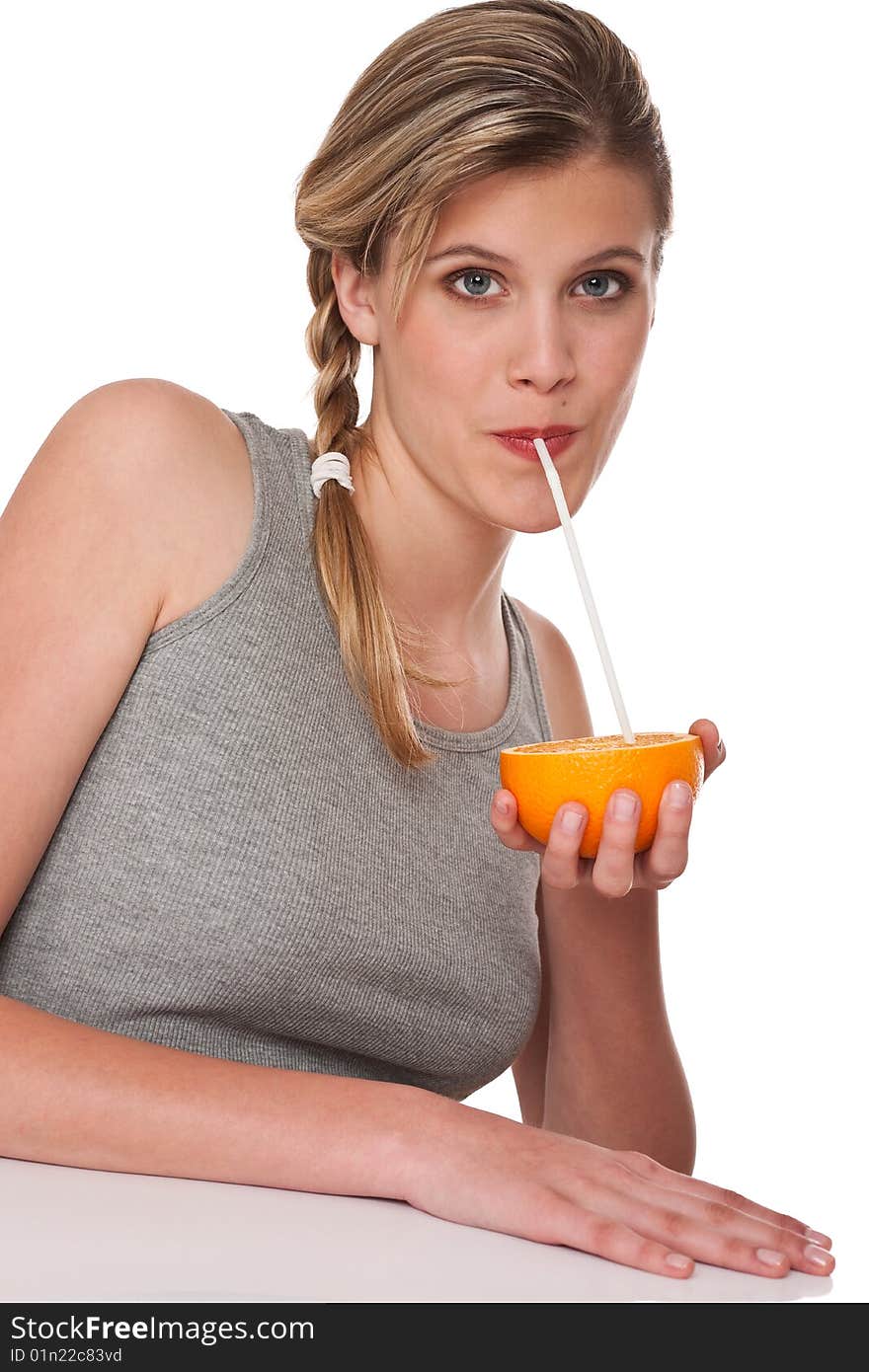 Woman with orange on white background. Woman with orange on white background