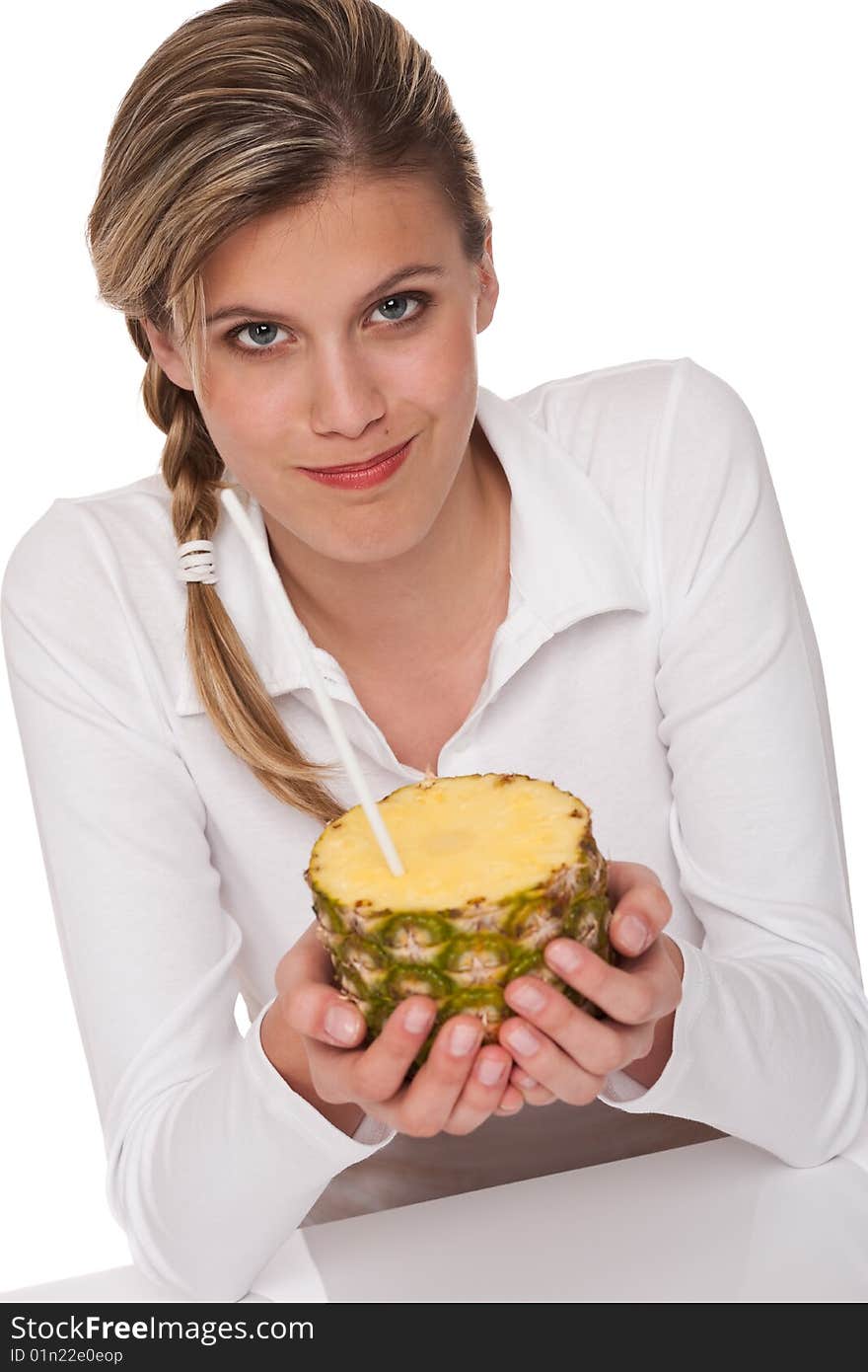 Blond woman holding pineapple on white background. Blond woman holding pineapple on white background