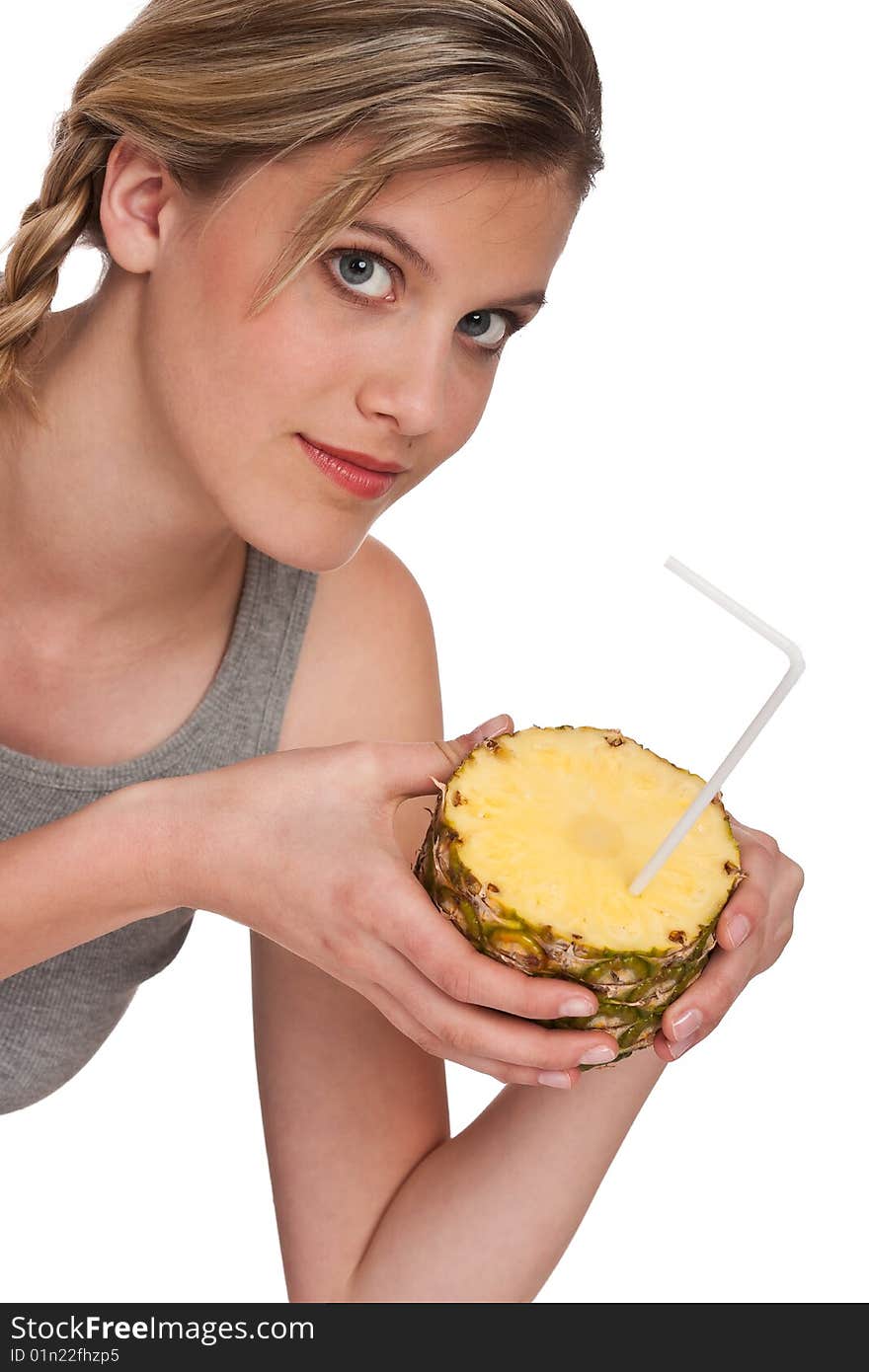 Woman holding pineapple on white background. Woman holding pineapple on white background