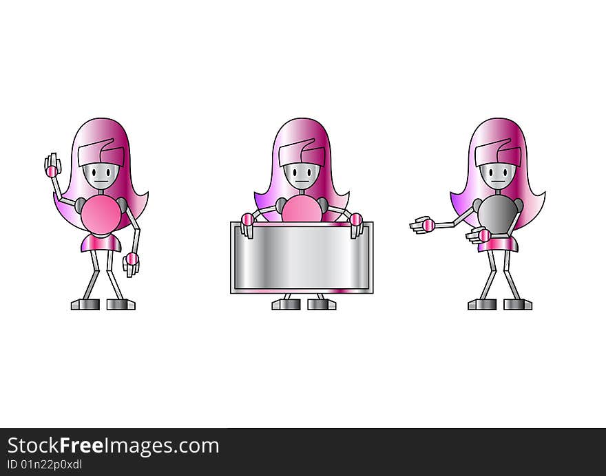 Vector illustration of three funky pink robot-girls.