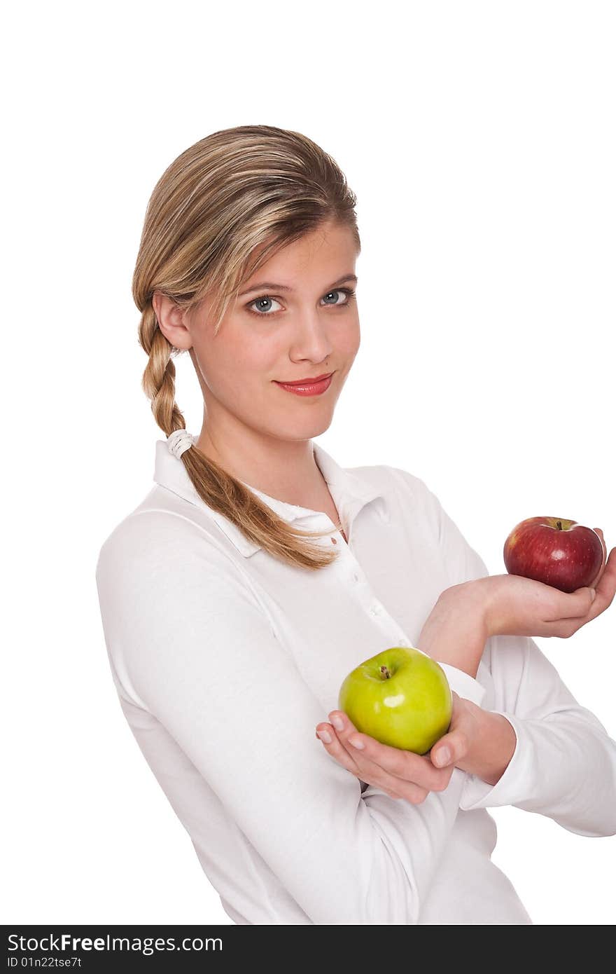 Woman holding two apples on white background. Woman holding two apples on white background