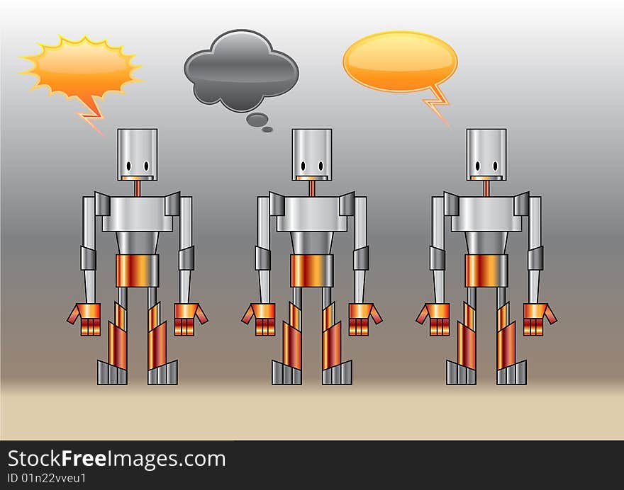 Vector Illustration of funny robots decorated with comics bubbles