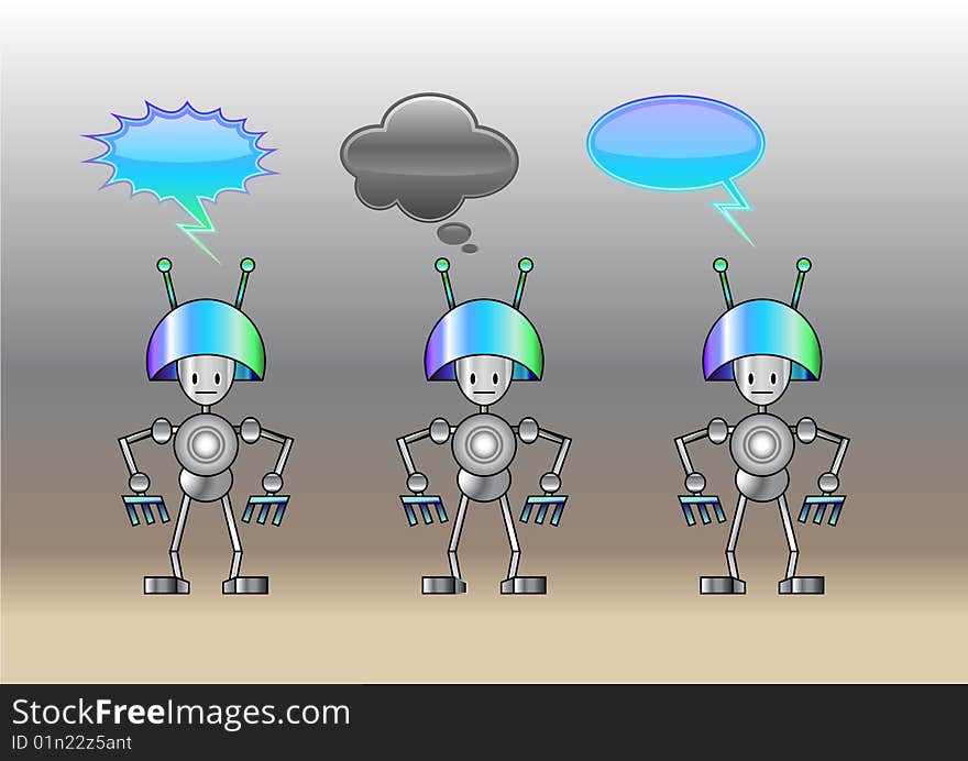 Vector Illustration of funny robots decorated with comics bubbles