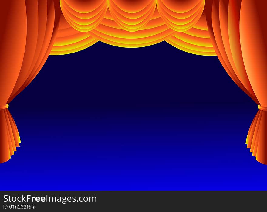 Illustration of theatre stage curtain over blue gradient background. Illustration of theatre stage curtain over blue gradient background.