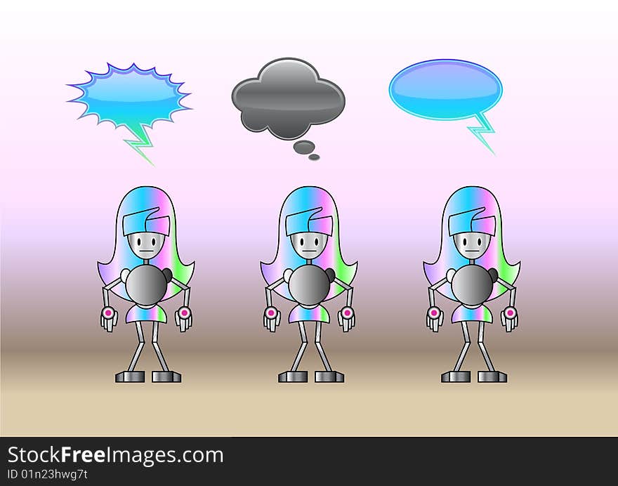 Vector illustration of funky robot-girls with comics bubbles.