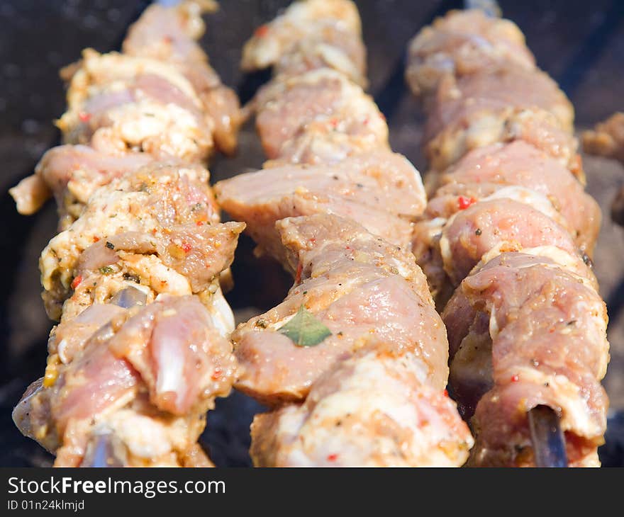 Shish kebab preparation on a brazier. Outdoor picnic.