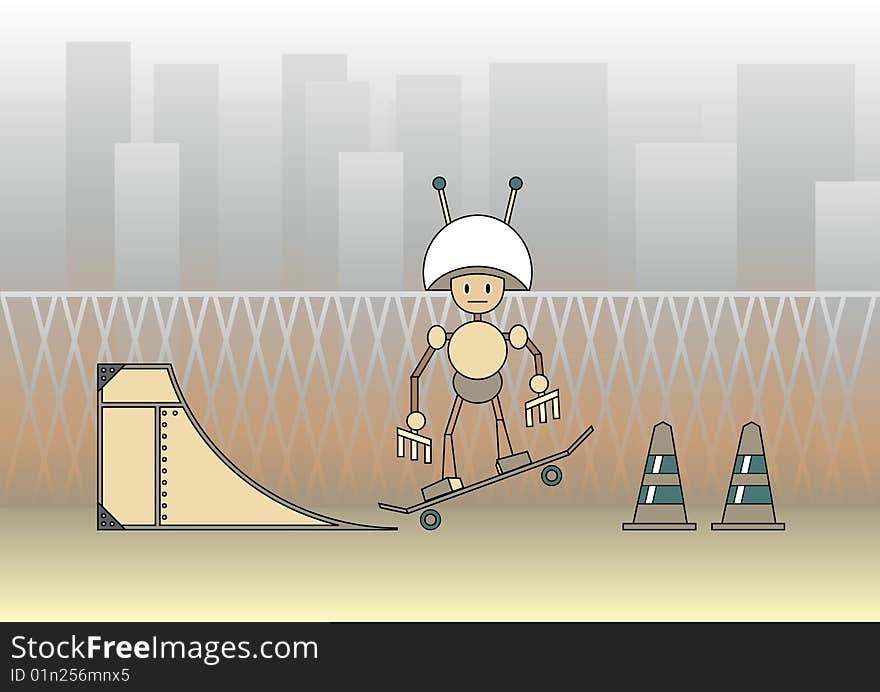 Vector illustration of comic robot with the skateboard on the urban background.