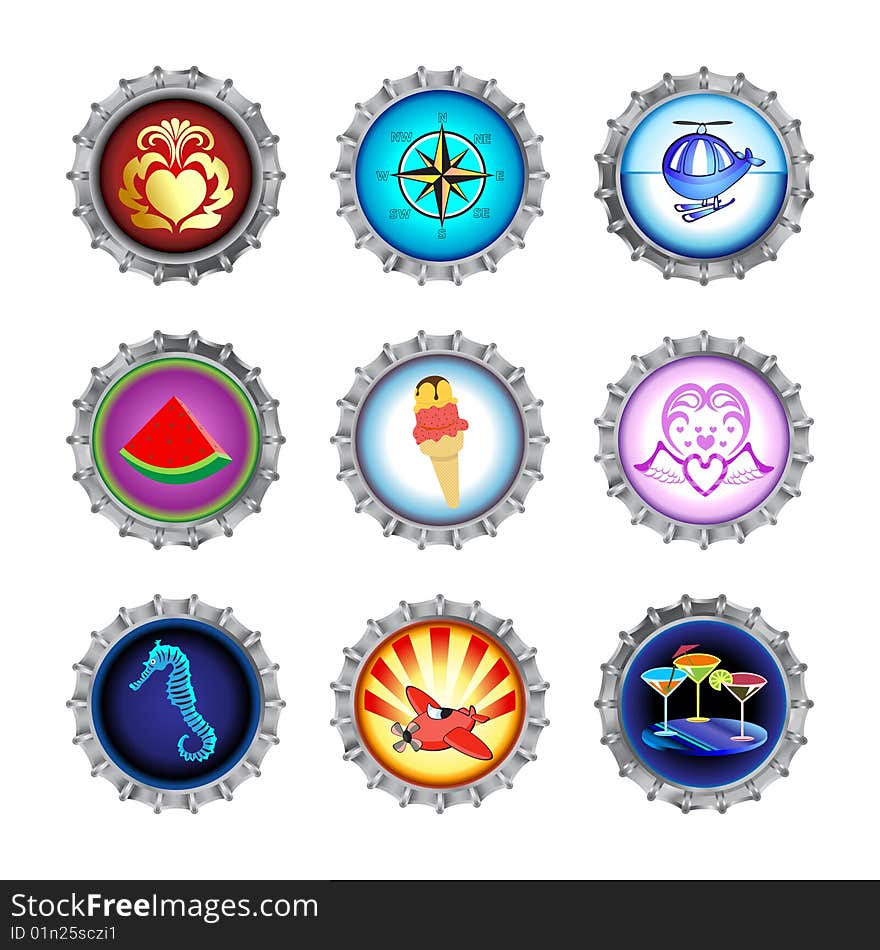 Vector illustration of bottle caps set, decorated with different objects. Vector illustration of bottle caps set, decorated with different objects.