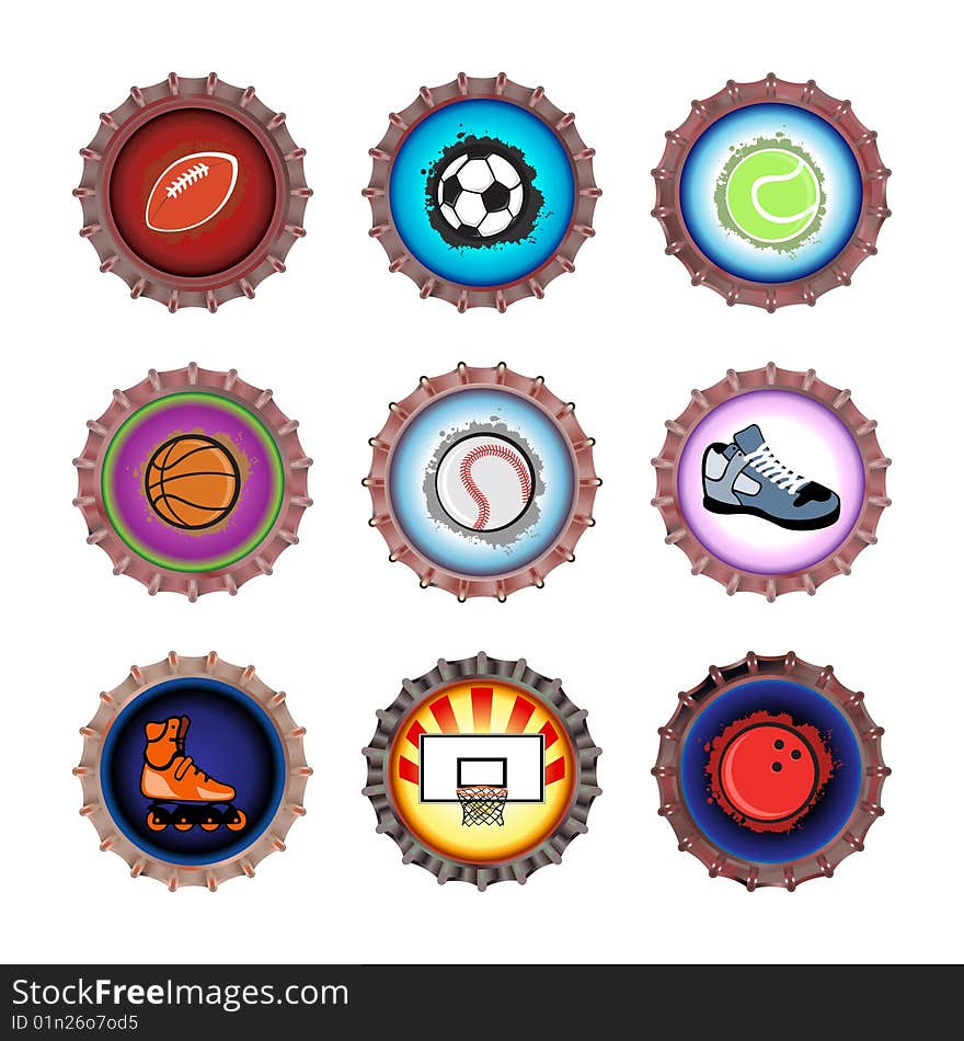 Vector illustration of bottle caps set, decorated with different objects related to sport. Vector illustration of bottle caps set, decorated with different objects related to sport.