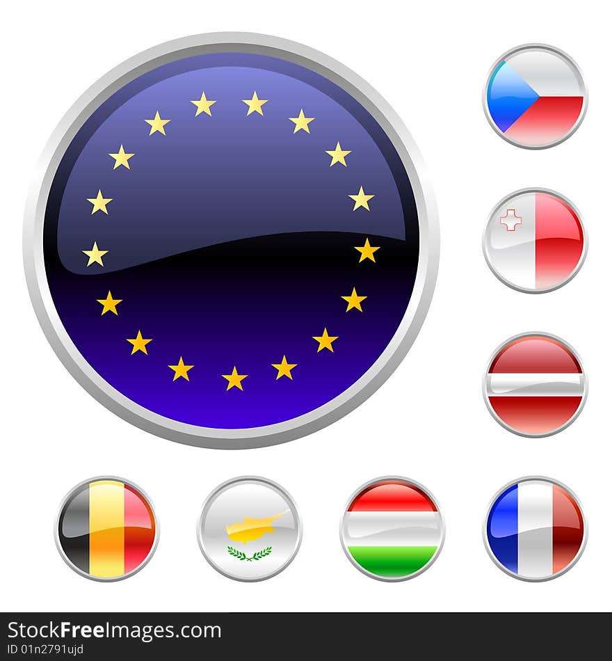 Vector Illustration of round buttons set, decorated with the flags of european countries.