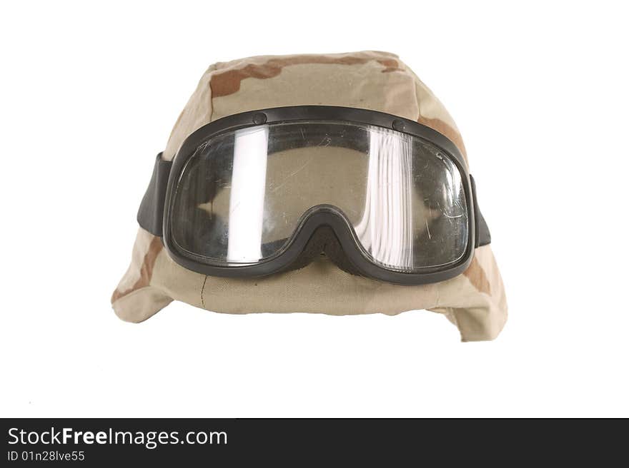 Bullet proof Kevlar desert helmet on a white background, 3 color camouflage used in the gulf war. Bullet proof Kevlar desert helmet on a white background, 3 color camouflage used in the gulf war