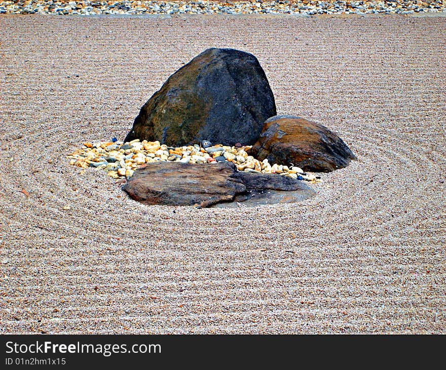 Japanese Dry Rock Garden, with large stones representing mountains and raked gravel representing water.