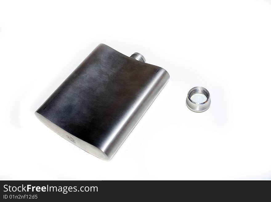 Silver whiskey flask on white background.