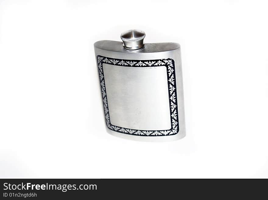 Silver whiskey flask on white background.